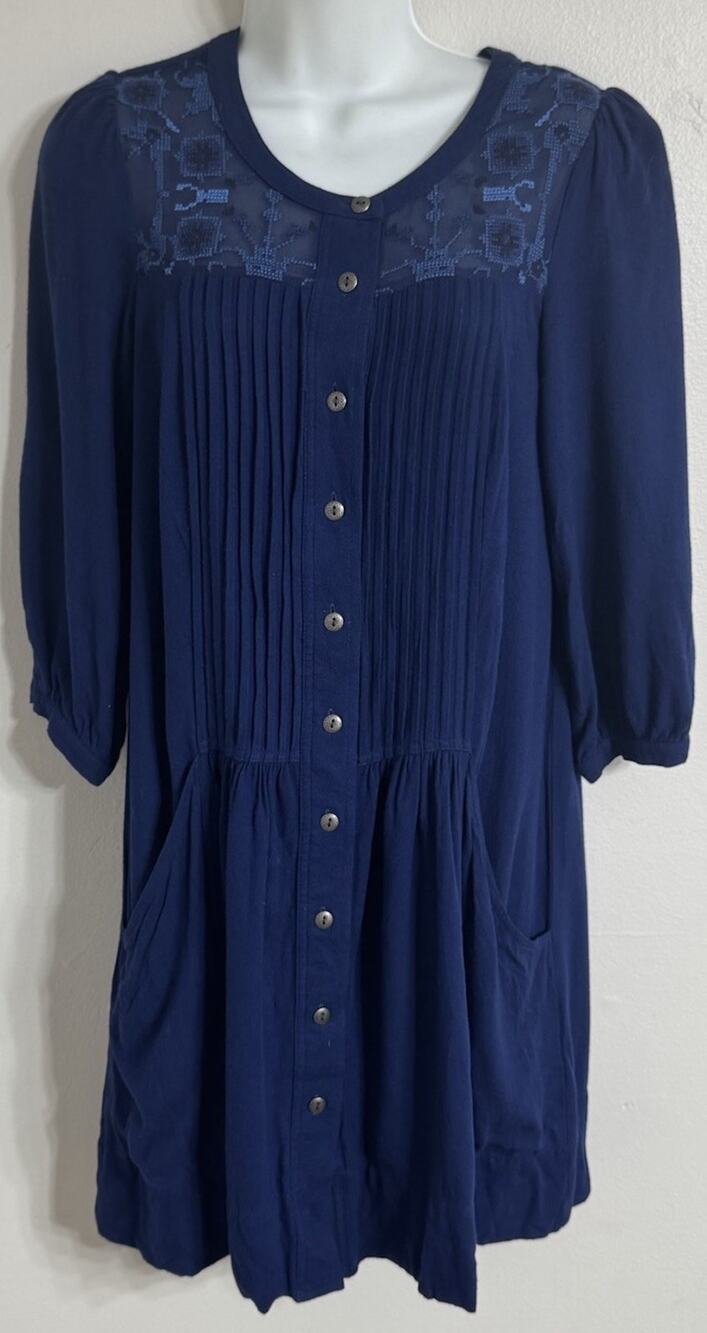 Anthropologie Dress Women’s Size 2 Dubois Tunic Mini Embroidered Blue Buttons